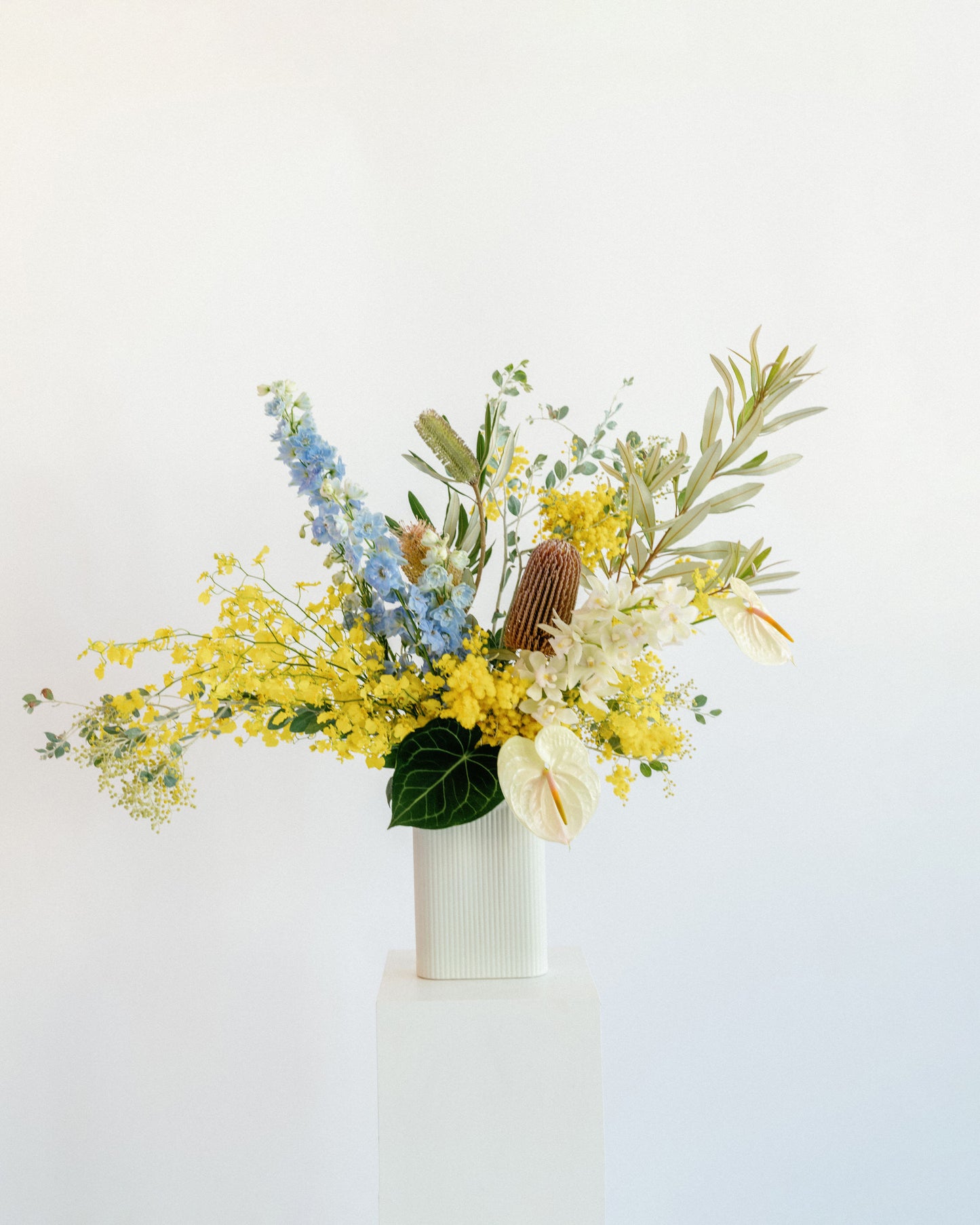 Pretty & Pastel Blue Hues Floral Arrangement – Modern & Sculptural